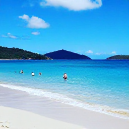 Caribbean Holidays, US Virgin Islands June, Relaxed beach scene at Magens Bay near St Thomas, United States Virgin Islands, with turquoise water, green hills and visitors swimming
