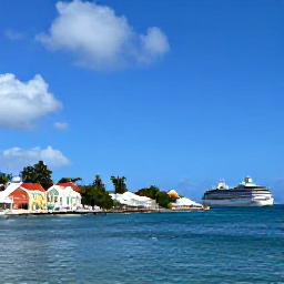 Caribbean Holidays, US Virgin Islands June, Sunny Charlotte Amalie waterfront in St Thomas, United States Virgin Islands, with colourful buildings, cruise ships and calm Caribbean water
