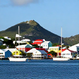 Caribbean Holidays, US Virgin Islands March, Bright March morning over Charlotte Amalie harbour on St Thomas, with colourful buildings, sailing boats and green hills in the background
