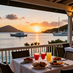 Caribbean Holidays, US Virgin Islands March, Outdoor dining at a waterfront restaurant in the United States Virgin Islands at sunset, with local food, drinks and boats in the harbour