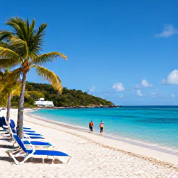 Caribbean Holidays, US Virgin Islands March, Turquoise Caribbean water and a sandy beach on St Thomas, with sun loungers, palm trees and snorkellers near the shore