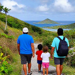 Caribbean Holidays, US Virgin Islands May, A family exploring a tropical nature trail with lush hills and island views on St John, United States Virgin Islands