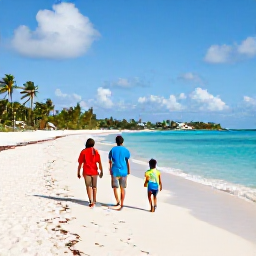 Caribbean Holidays, US Virgin Islands May, A family walking along a sunny white-sand beach on St Thomas in the United States Virgin Islands, calm turquoise sea and palm trees