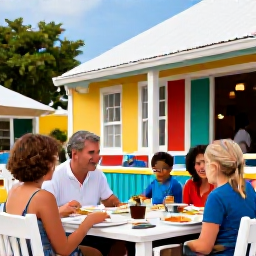 Caribbean Holidays, US Virgin Islands May, A relaxed family dining outdoors at a colourful Caribbean restaurant in Charlotte Amalie, St Thomas