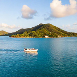 Caribbean Holidays, US Virgin Islands May, A small boat passing beautiful green islands and clear blue water near St John in the United States Virgin Islands, viewed in warm afternoon sunshine