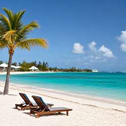 Caribbean Holidays, US Virgin Islands May, A sunny beach at an all-inclusive resort on St Thomas in the United States Virgin Islands, with turquoise water, palm trees and comfortable sun loungers