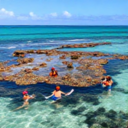 Caribbean Holidays, US Virgin Islands May, Children snorkelling in clear shallow water with parents near a colourful coral reef in the US Virgin Islands