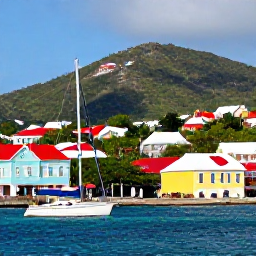 Caribbean Holidays, US Virgin Islands May, Colourful waterfront in Charlotte Amalie, St Thomas, with sailing boats, historic buildings and green hills