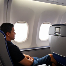Caribbean Holidays, US Virgin Islands May, Comfortable business class aircraft cabin with a traveller relaxing by the window before a Caribbean holiday