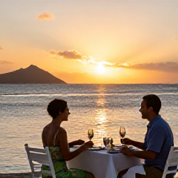Caribbean Holidays, US Virgin Islands May, Couple enjoying a sunset dinner beside the Caribbean Sea at a relaxed United States Virgin Islands resort