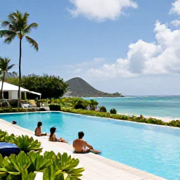 Caribbean Holidays, US Virgin Islands May, Guests relaxing beside an infinity pool at a Caribbean all-inclusive resort in the US Virgin Islands, with tropical gardens and ocean views