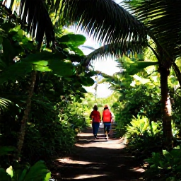 Caribbean Holidays, US Virgin Islands Nature, Hikers walking through a tropical forest trail in Virgin Islands National Park, Caribbean scenery and sunlight through palm leaves