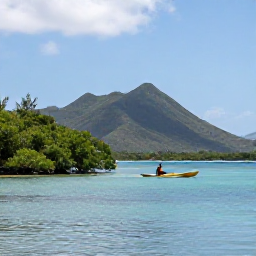 Caribbean Holidays, US Virgin Islands Nature, Kayaker paddling across calm Caribbean water beside mangroves and a green island coastline in the US Virgin Islands
