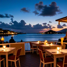 Caribbean Holidays, US Virgin Islands October, Caribbean evening dining scene in the United States Virgin Islands, outdoor restaurant tables, warm lights and harbour sunset