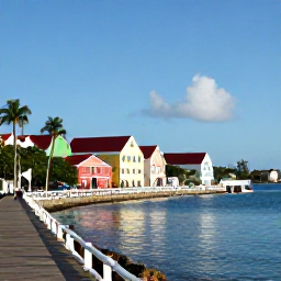 Caribbean Holidays, US Virgin Islands October, Colourful Christiansted waterfront on St Croix with historic buildings, boardwalk, palm trees and calm blue sea