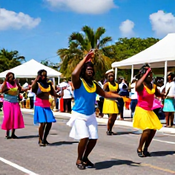 Caribbean Holidays, US Virgin Islands October, Colourful cultural parade and community celebration in Frederiksted, St Croix, with dancers, musicians and families in the sunshine