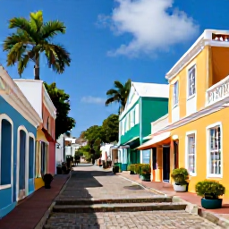 Caribbean Holidays, US Virgin Islands October, Historic Charlotte Amalie street with pastel colonial buildings, stone steps, small shops and tropical sunshine