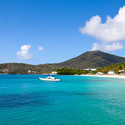 Caribbean Holidays, US Virgin Islands October, Relaxed Cruz Bay scene on St John with small boats, tropical hills, palm trees and turquoise Caribbean water