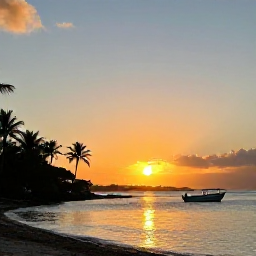 Caribbean Holidays, US Virgin Islands October, Relaxed October sunset over a Caribbean bay in the United States Virgin Islands, with a small fishing boat and palm-lined shore