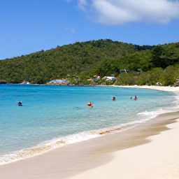 Caribbean Holidays, US Virgin Islands, Quiet tropical beach in Virgin Islands National Park on St John with clear water, forested hills and snorkellers