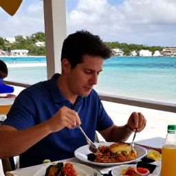 Caribbean Holidays, US Virgin Islands Solo, A solo diner enjoying fresh Caribbean seafood at an outdoor restaurant overlooking the harbour in St Croix, United States Virgin Islands