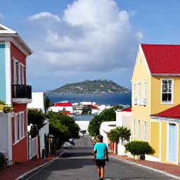 Caribbean Holidays, US Virgin Islands Solo, A solo visitor walking through colourful Charlotte Amalie streets in St Thomas, United States Virgin Islands, with historic buildings and harbour views