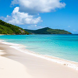 Caribbean Holidays, US Virgin Islands Tours, A bright Caribbean beach on St Thomas in September, with turquoise water, soft sand and green hills beneath a partly cloudy sky