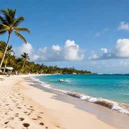 Caribbean Holidays, US Virgin Islands Tours, A bright February morning over a sandy Caribbean beach in the United States Virgin Islands, with turquoise water, palm trees and a small boat offshore