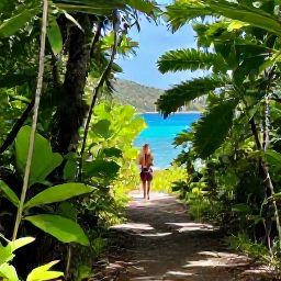 Caribbean Holidays, US Virgin Islands Tours, A peaceful guided nature walk through lush tropical forest in Virgin Islands National Park on St John, with turquoise water visible beyond the trees