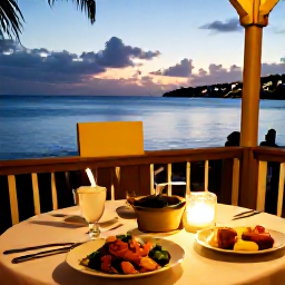 Caribbean Holidays, US Virgin Islands Tours, A relaxed Caribbean evening at a waterfront restaurant in St Croix, with local food, gentle lights and a calm sea at sunset