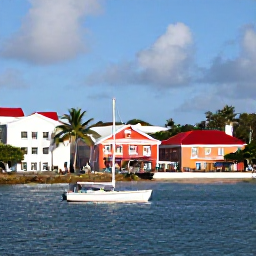 Caribbean Holidays, US Virgin Islands Tours, A relaxed waterfront scene in Christiansted on St Croix, with colourful historic buildings, palm trees and a small sailing boat