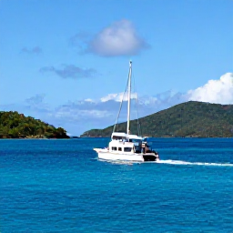 Caribbean Holidays, US Virgin Islands Tours, A scenic boat tour between the US Virgin Islands, showing a small motorboat on clear blue water with forested islands in the background