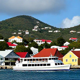 Caribbean Holidays, US Virgin Islands Tours, A scenic tour boat approaching the harbour of Charlotte Amalie on St Thomas, with colourful waterfront buildings and green hills behind