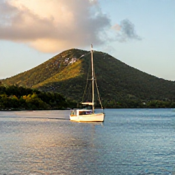Caribbean Holidays, US Virgin Islands Tours, A small sailing boat cruising beside the green coastline of St Croix in the United States Virgin Islands, calm blue water and golden afternoon light