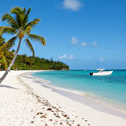 Caribbean Holidays, US Virgin Islands Tours, A sunny November morning on a white sand beach in the United States Virgin Islands, turquoise sea, palm trees and a small boat offshore