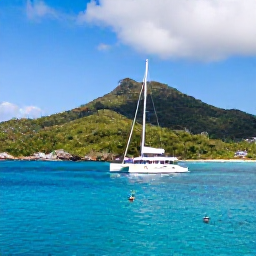 Caribbean Holidays, US Virgin Islands Tours, Catamaran sailing tour beside green Caribbean islands near St Thomas, with snorkellers in clear blue water