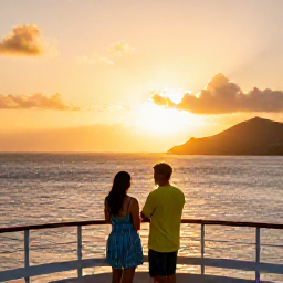Caribbean Holidays, US Virgin Islands Tours, Couple enjoying a peaceful sunset cruise near St Thomas, with golden light across the Caribbean Sea