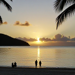Caribbean Holidays, US Virgin Islands Tours, Travellers enjoying a calm Caribbean beach at sunset in the United States Virgin Islands, with warm light on the water and palm silhouettes