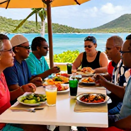 Caribbean Holidays, US Virgin Islands Tours, Travellers enjoying a friendly Caribbean food tour at an outdoor restaurant in the United States Virgin Islands, colourful local dishes and relaxed island atmosphere