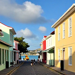 Caribbean Holidays, US Virgin Islands Tours, Visitors walking through the colourful historic streets of Charlotte Amalie, St Thomas, with colonial buildings, shops and a harbour view