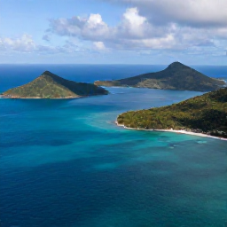 Caribbean Holidays, US Virgin Islands Trips, Aerial view of turquoise Caribbean sea, green islands and a small sailing boat near the United States Virgin Islands