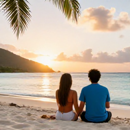 Caribbean Holidays, US Virgin Islands Trips, Couple relaxing on a Caribbean beach at sunset, with calm turquoise water and palm trees in the United States Virgin Islands