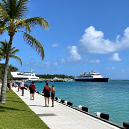 Caribbean Holidays, US Virgin Islands Trips, Ferry arriving at a sunny Caribbean island harbour, with palms, blue sea and passengers exploring the waterfront