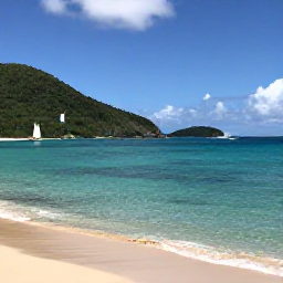 Caribbean Holidays, US Virgin Islands Trips, Quiet tropical beach with clear water, forested hills and a small sailing boat off St John, United States Virgin Islands