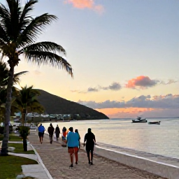 Caribbean Holidays, US Virgin Islands Walking Holidays, A friendly waterfront scene in Cruz Bay on St John at sunset, with walkers, small boats, palm trees and relaxed Caribbean atmosphere