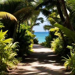 Caribbean Holidays, US Virgin Islands Walking Holidays, A peaceful forest path in Virgin Islands National Park on St John, dappled sunlight, tropical plants and glimpses of the sea