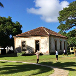 Caribbean Holidays, US Virgin Islands Walking Holidays, Walkers exploring a historic sugar plantation ruin surrounded by tropical vegetation on St Croix, Caribbean sunlight and blue sky