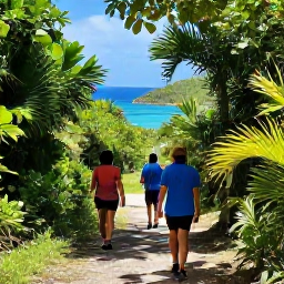 Caribbean Holidays, USVI Adventure Holidays, Hikers walking along a shaded tropical trail with views over the Caribbean Sea on St John, United States Virgin Islands