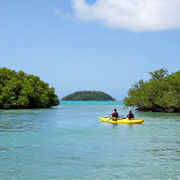 Caribbean Holidays, USVI Adventure Holidays, Kayakers paddling through calm turquoise water beside mangroves and small islands in the US Virgin Islands