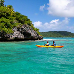 Caribbean Holidays, USVI Adventure Holidays, Kayakers paddling through clear turquoise water beside rocky green coastline in the United States Virgin Islands